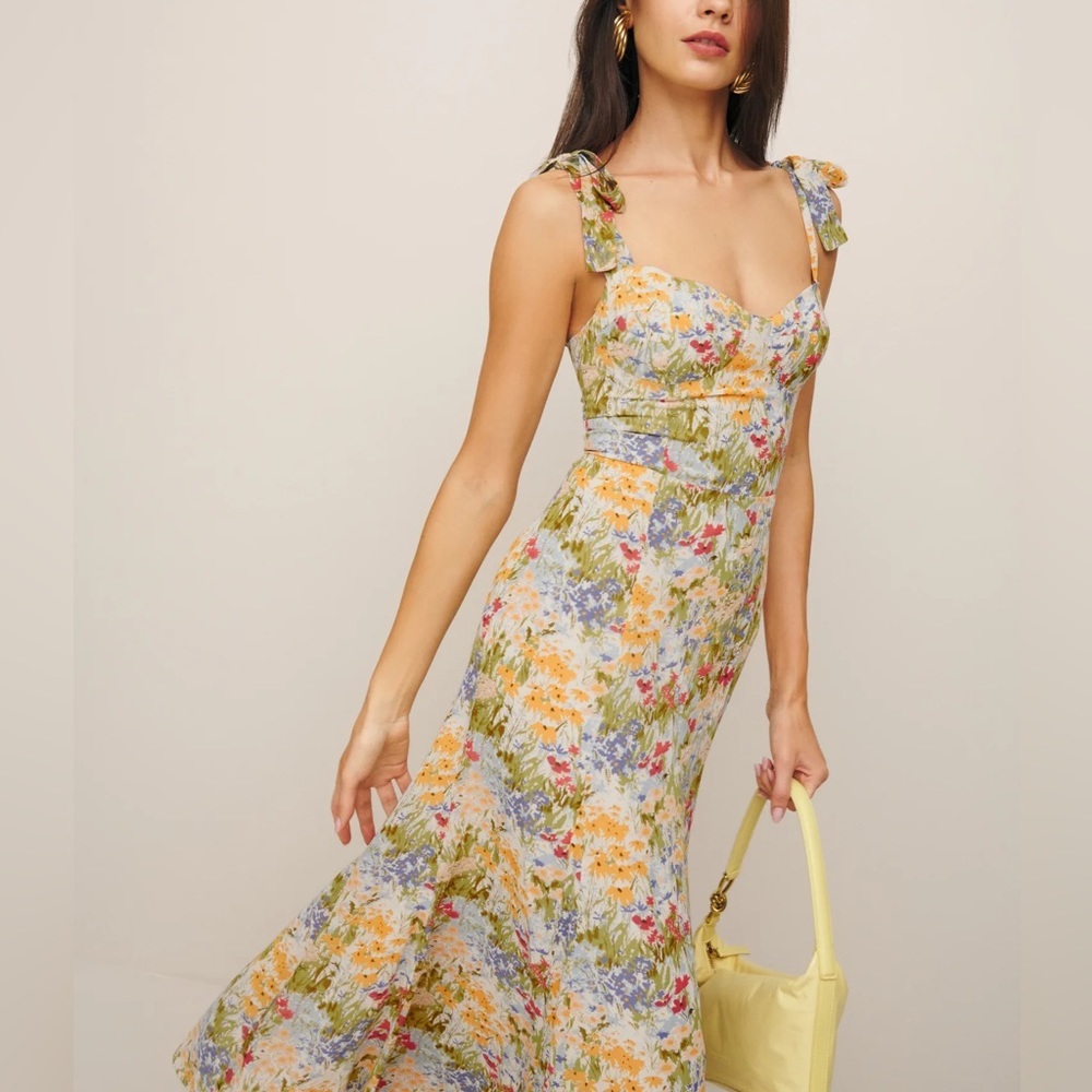 NEW Reformation Nadira Midi  Dress in Countryside Green Yellow Floral | size 6 - Picture 4 of 13